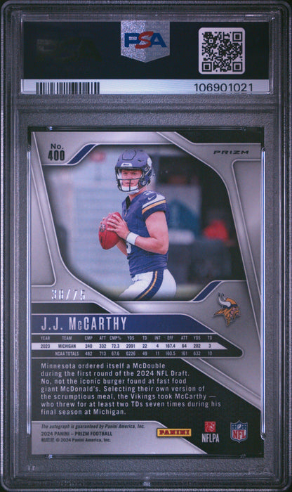 JJ McCarthy 2024 Panini Prizm Green Scope Rookie Auto #38/75 PSA 7 Near Mint