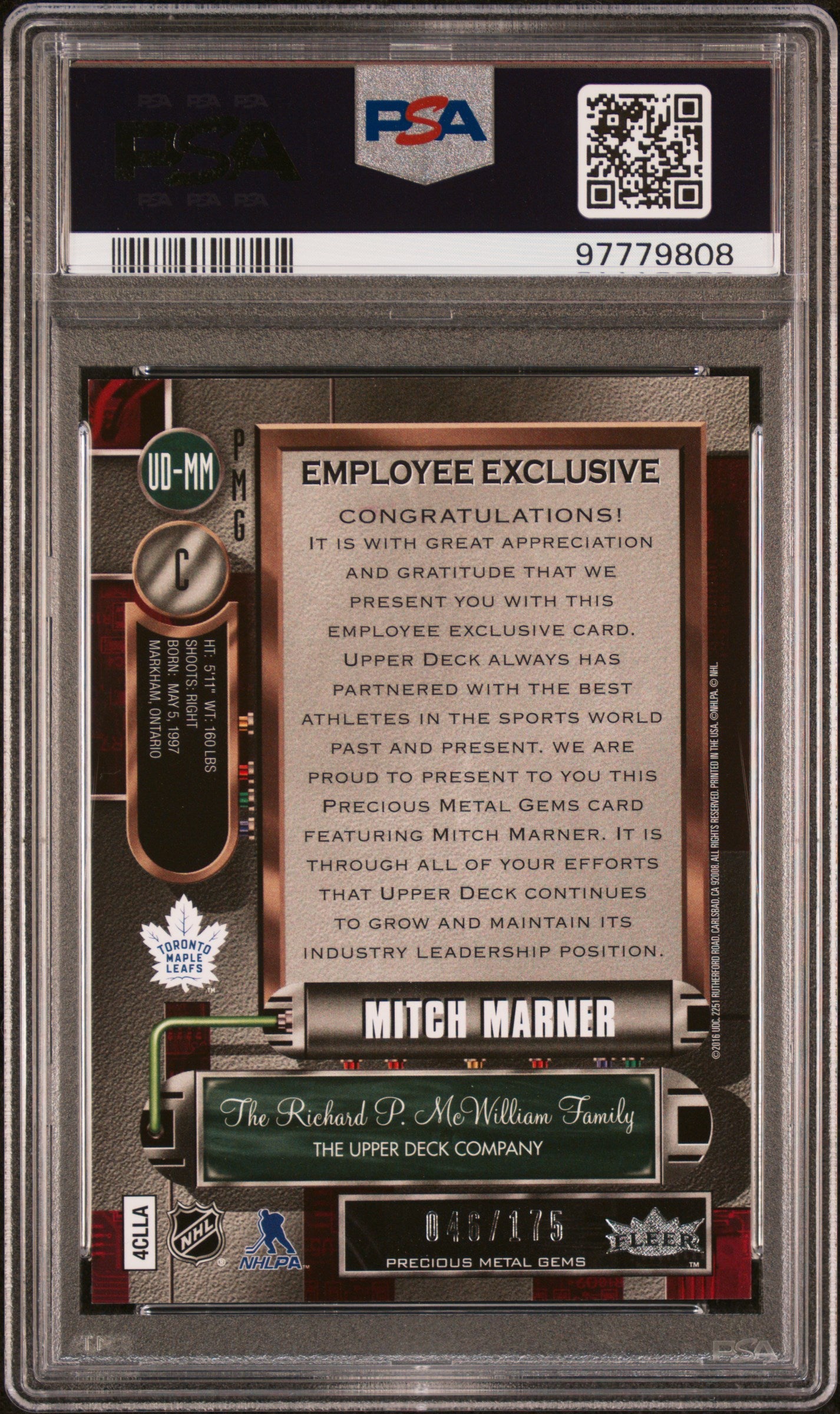 Mitch Marner 2016 Upper Deck Employee Precious Metal Gems Purple #46/175 PSA 9 Mint