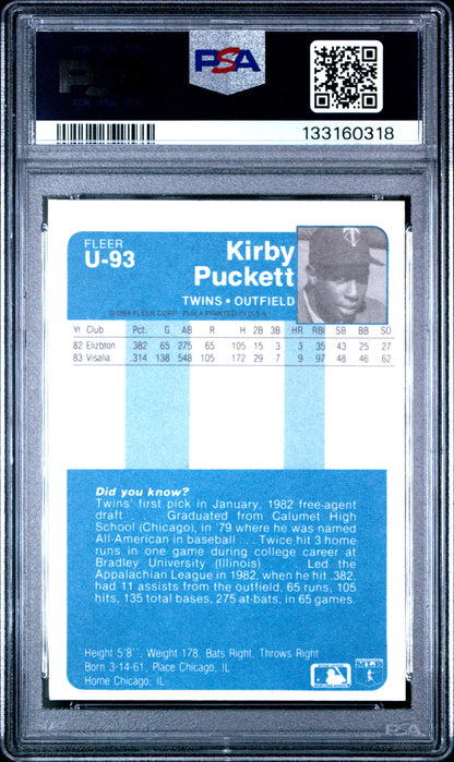 Kirby Puckett 1984 Fleer Update Rookie #U93 PSA 8 Nm-Mint
