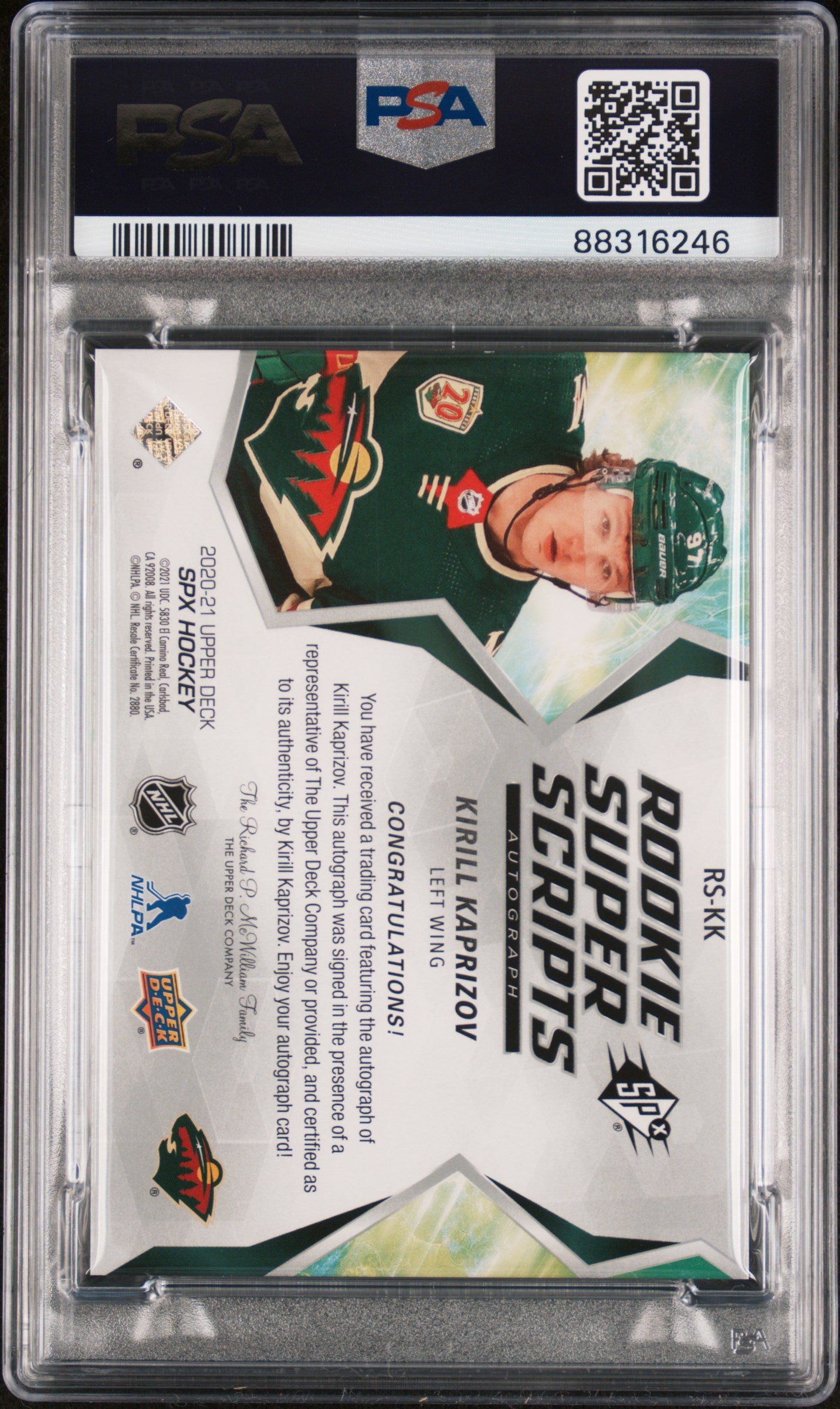 Kirill Kaprizov 2020 Upper Deck PSX Rookie Super Scripts Auto PSA 9 Auto 10