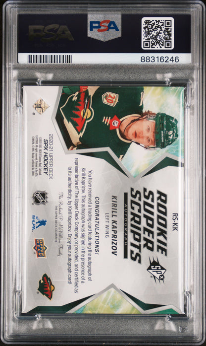 Kirill Kaprizov 2020 Upper Deck PSX Rookie Super Scripts Auto PSA 9 Auto 10