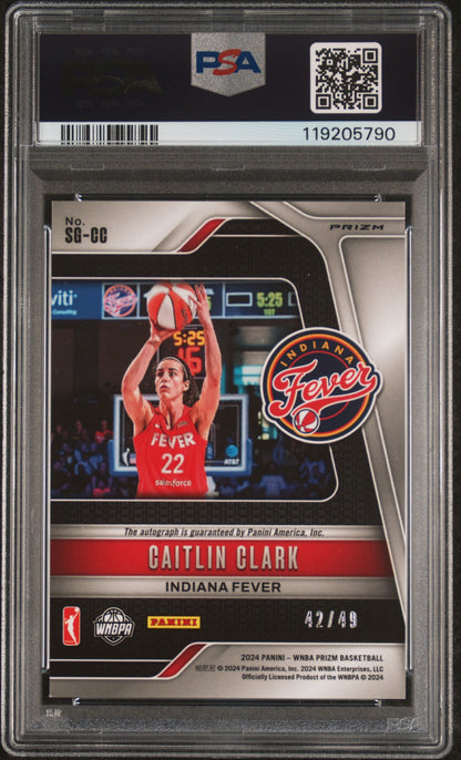 Caitlin Clark 2024 Panini Prizm WNBA Purple Prizm Auto #42/49 PSA 8 Nm-Mint