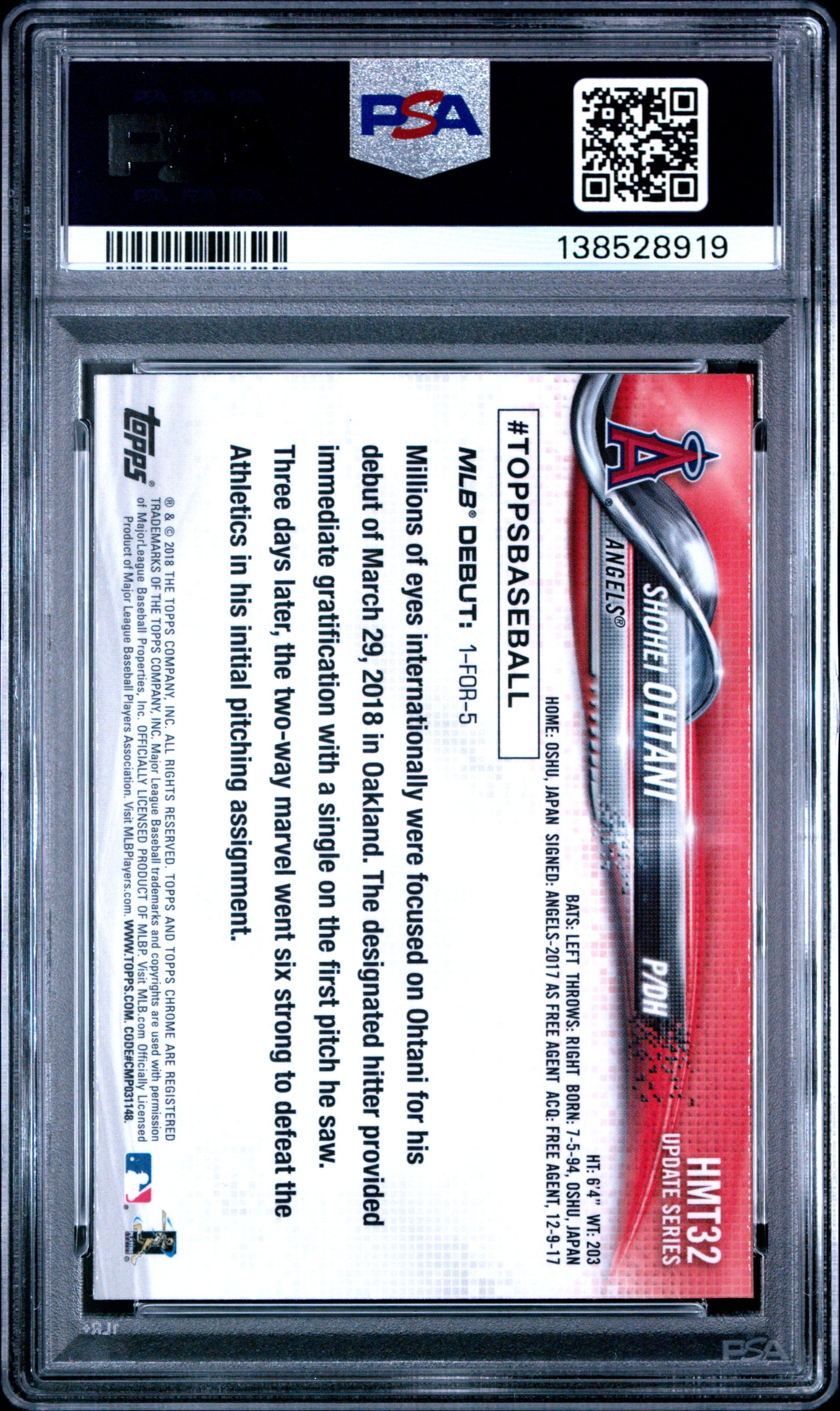 Shohei Ohtani 2018 Topps Chrome Update #HMT32 PSA 10 Gem Mint 8919