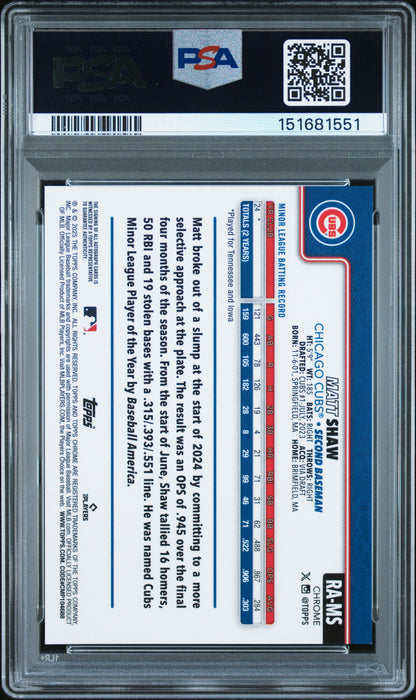 Matt Shaw 2025 Topps Chrome Sapphire Black Rookie Auto #9/10 PSA 9 Mint
