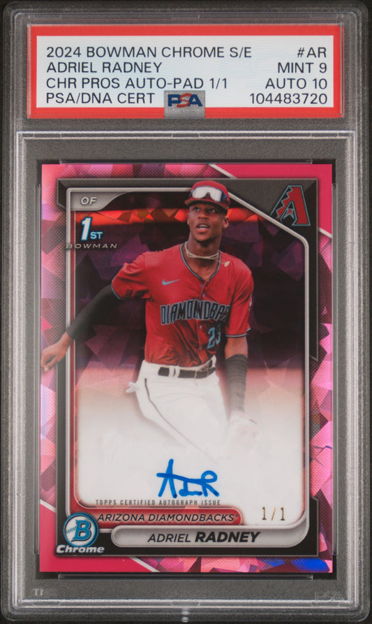 Adriel Radney 2024 Bowman Chrome Sapphire Padparadscha 1/1 PSA 9 Auto 10