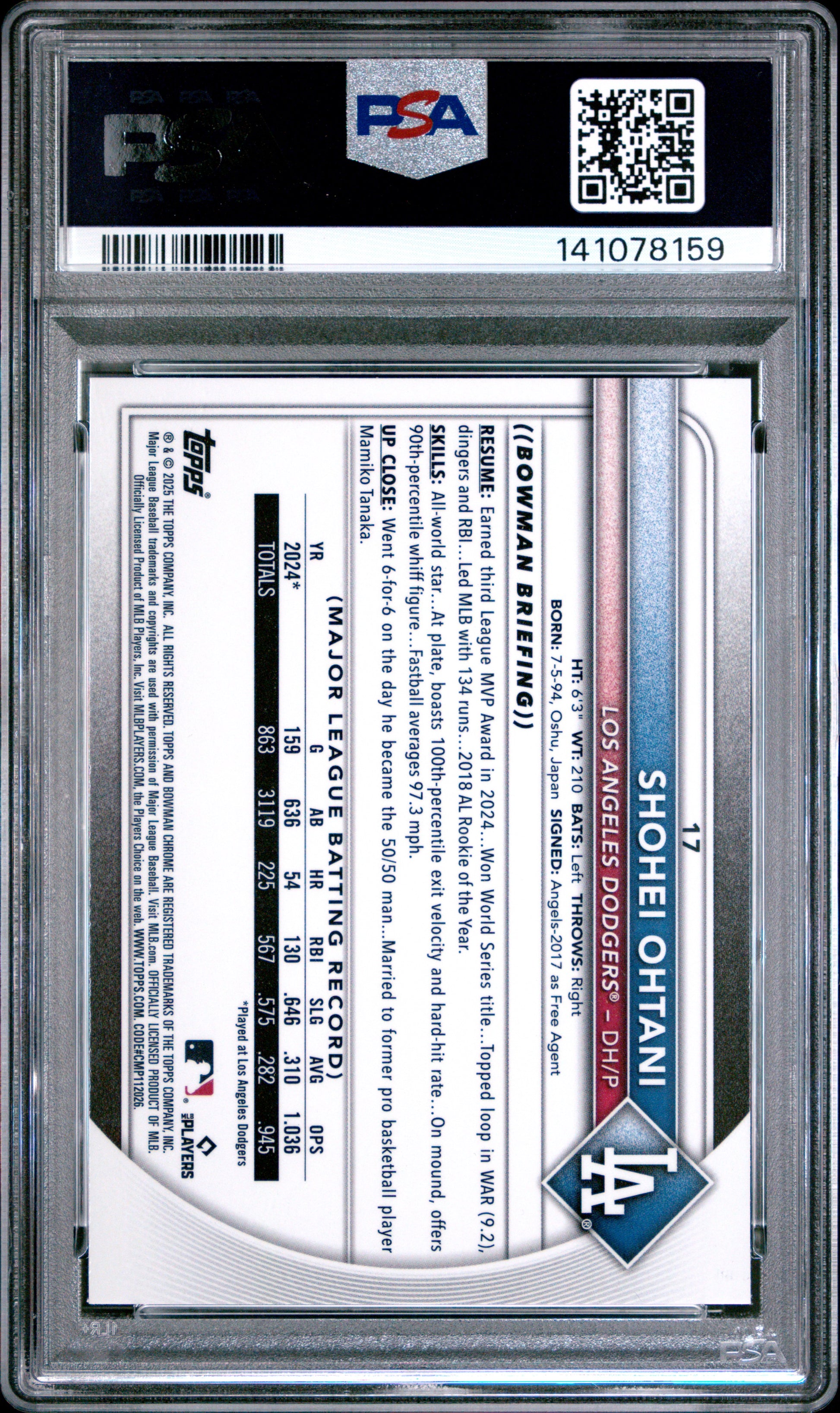 Shohei Ohtani 2025 Bowman Chrome Sapphire #17 PSA 10 Gem Mint 8159