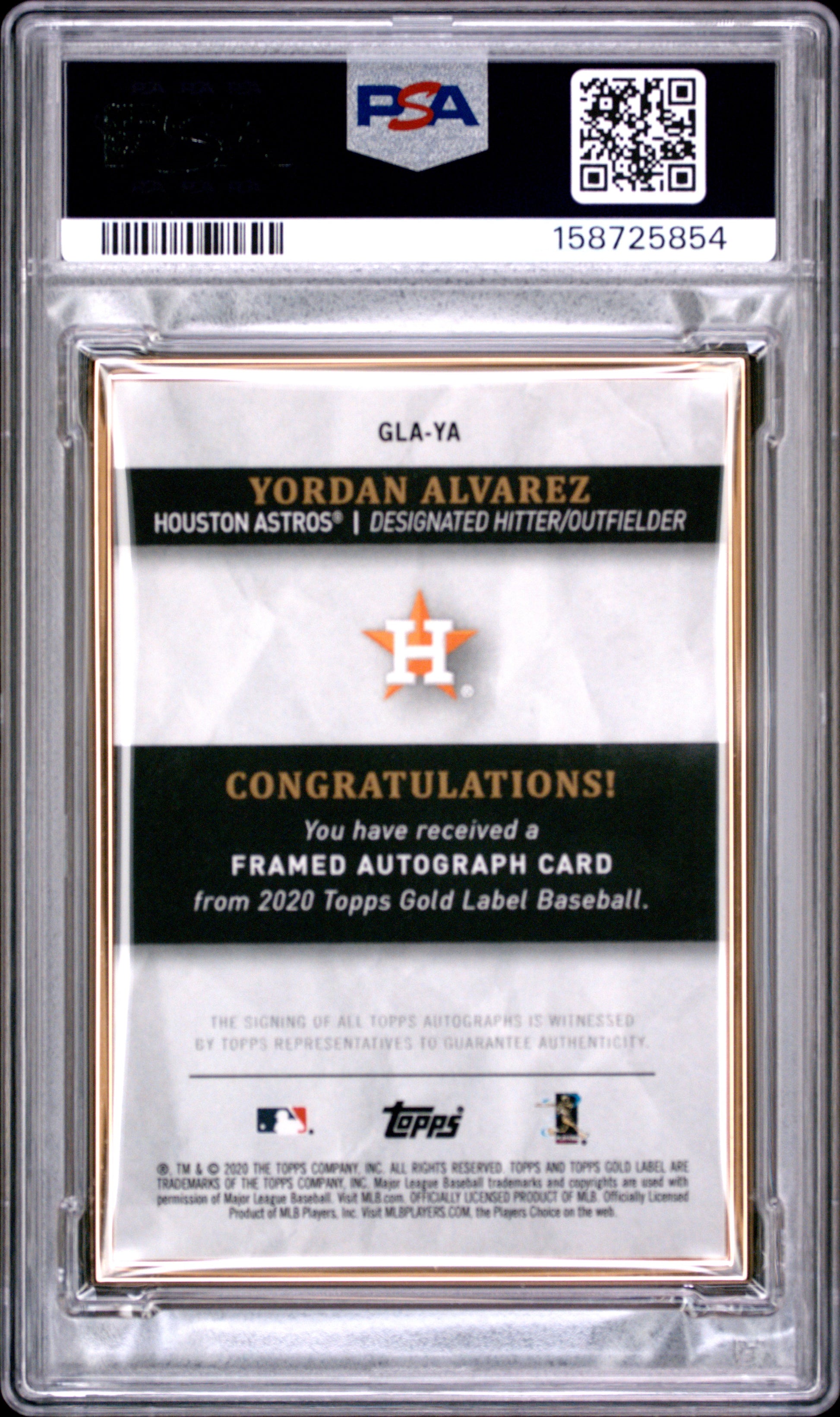 Yordan Alvarez 2020 Topps Gold Label Framed Rookie Auto PSA 9 Mint