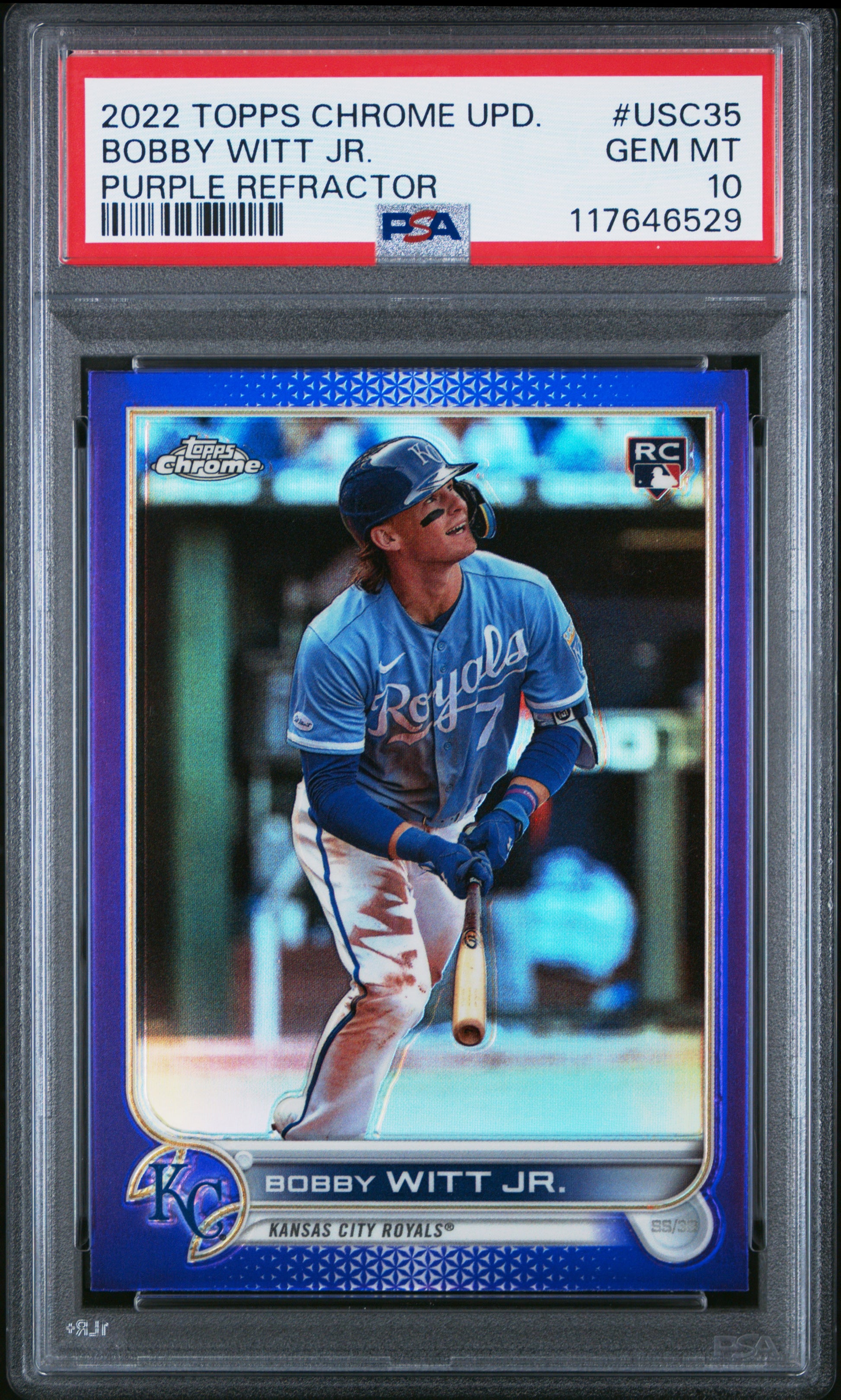 Bobby Witt Jr. 2022 Topps Chrome Update #USC35 Purple Refractor PSA 10 Gem Mint