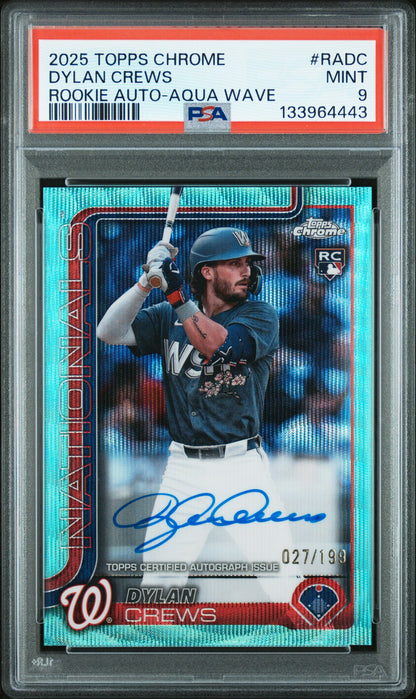 Dylan Crews 2025 Topps Chrome Aqua Wave Aqua Wave Auto #27/199 PSA 9 Mint