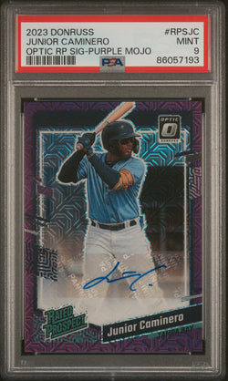 Junior Caminero 2023 Donruss Optic Purple Mojo Auto #4/5 PSA 9 Mint