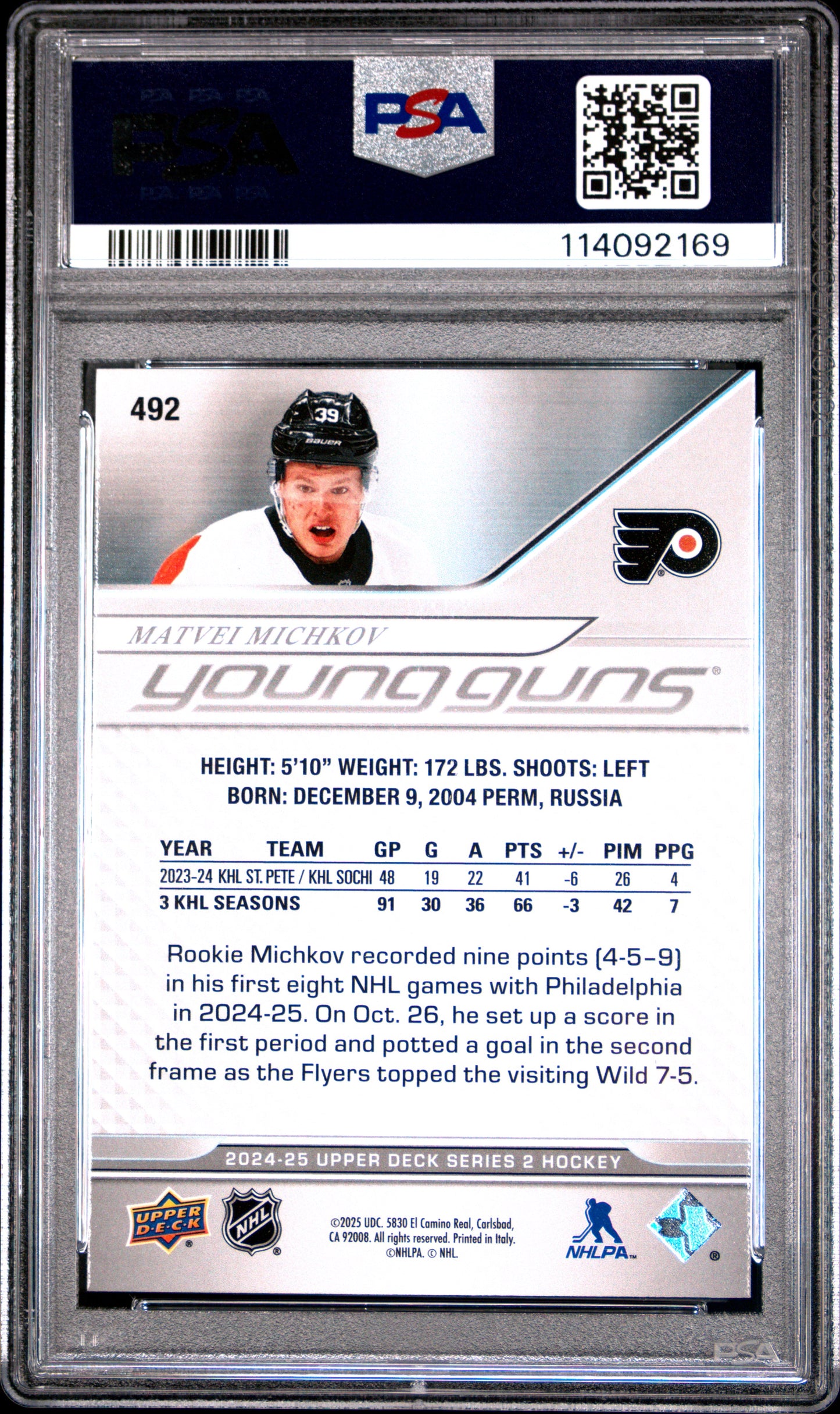 Matvei Michkov 2024 Upper Deck Rookie #492 PSA 10 Gem Mint