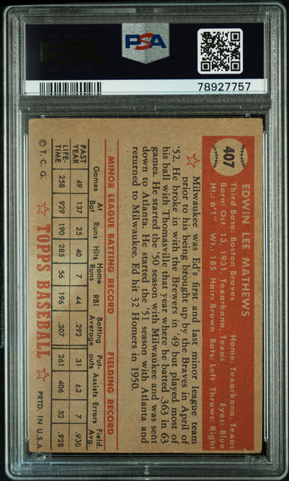 Ed Mathews 1952 Topps #407 PSA 2 Good