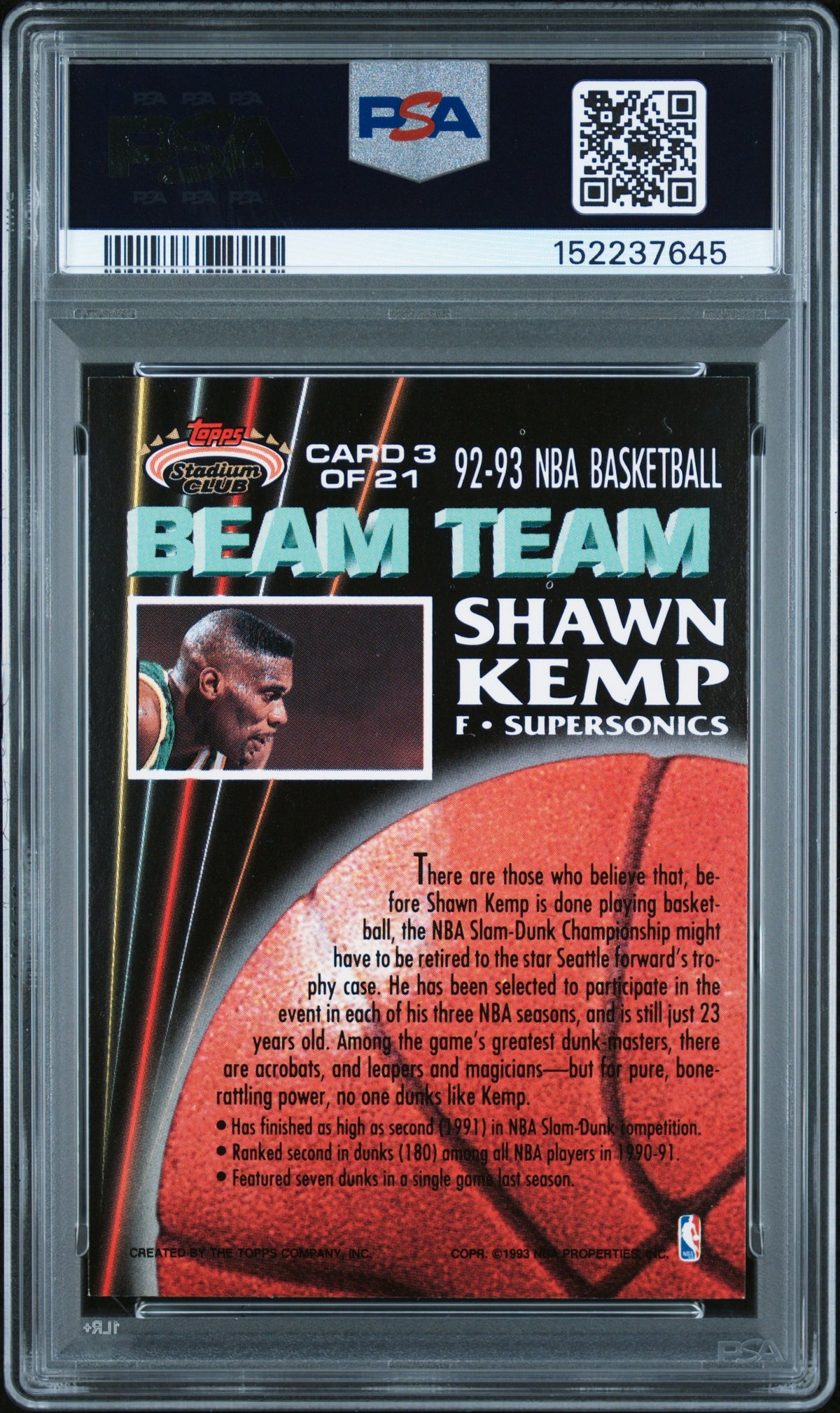Shawn Kemp 1992 Topps Stadium Club Beam Team PSA 8 Nm-Mint