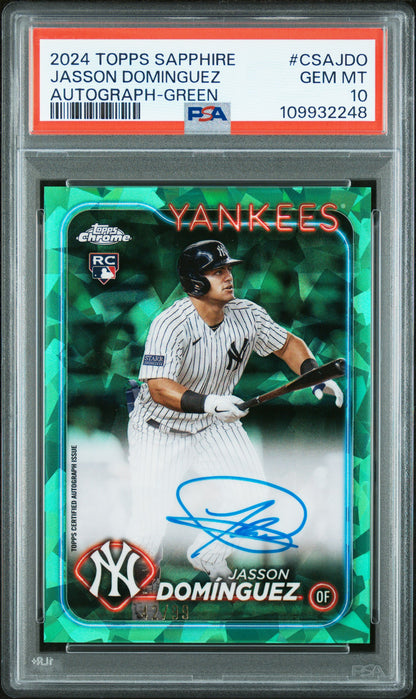 Jasson Dominguez 2024 Topps Chrome Sapphire Green Auto #42/99 PSA 10 Gem Mint