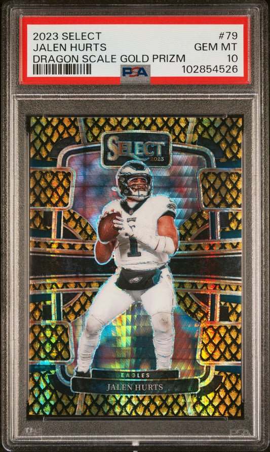 Jalen Hurts 2023 Panini Select #79 Gold Dragon Scale #10/10 PSA 10 Gem Mint