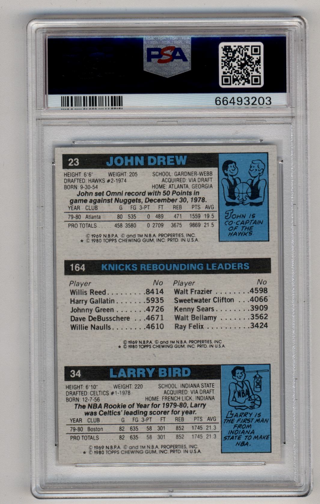 Larry Bird/164 Bill Cartwright TL/23 John Drew 1980-81 Topps PSA 9 Mint