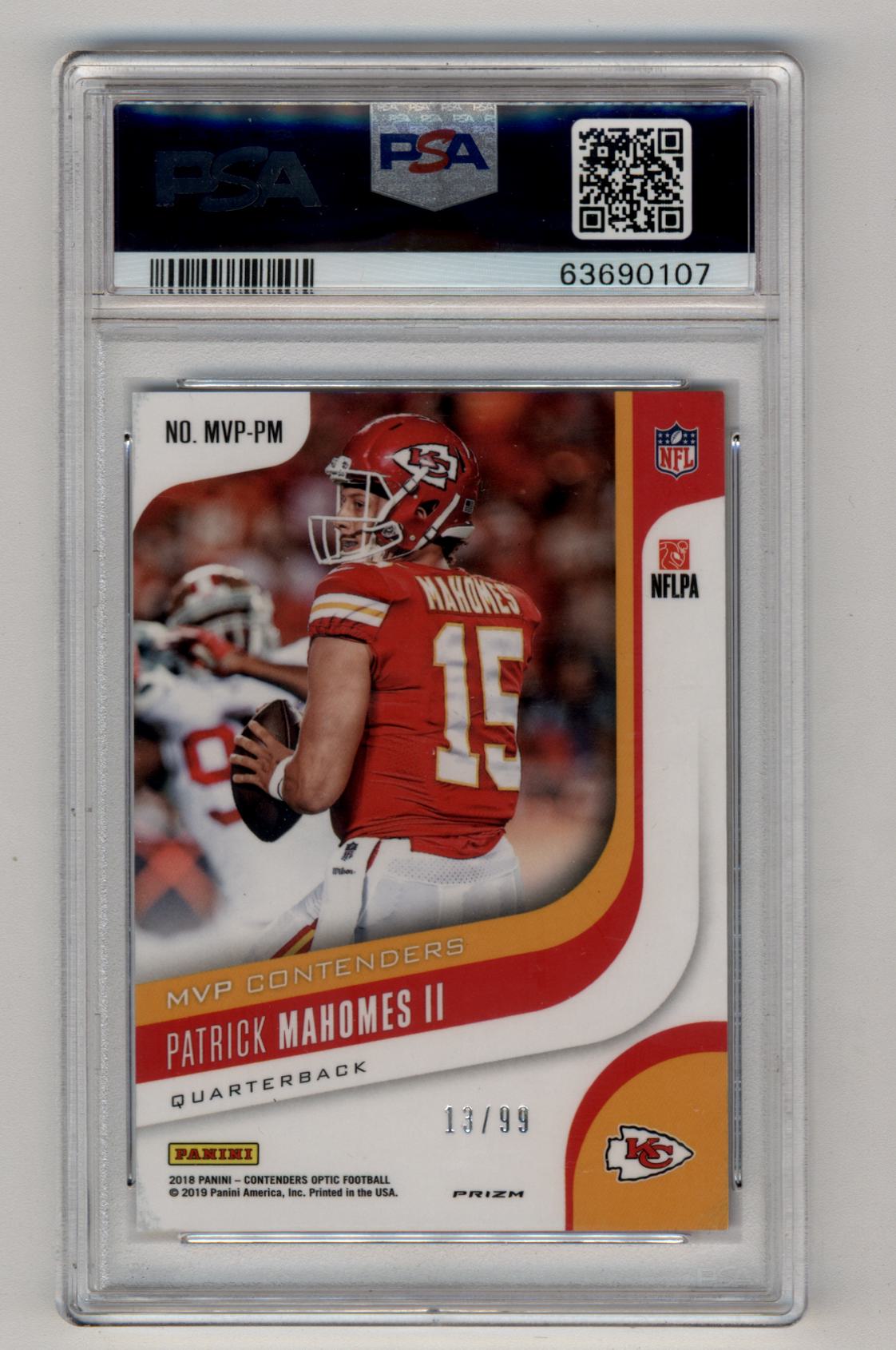 Patrick Mahomes 2018 Contenders Optic MVP Contenders Purple 13/99 PSA 10 Gem Mint