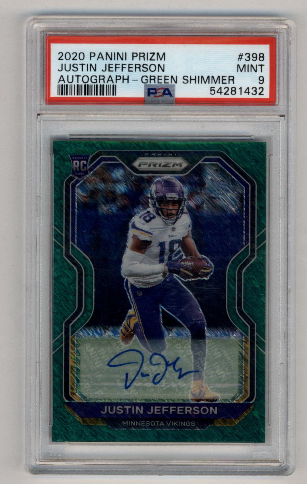 Justin Jefferson 2020 Prizm Green Shimmer Auto 4/5 PSA 9 Mint