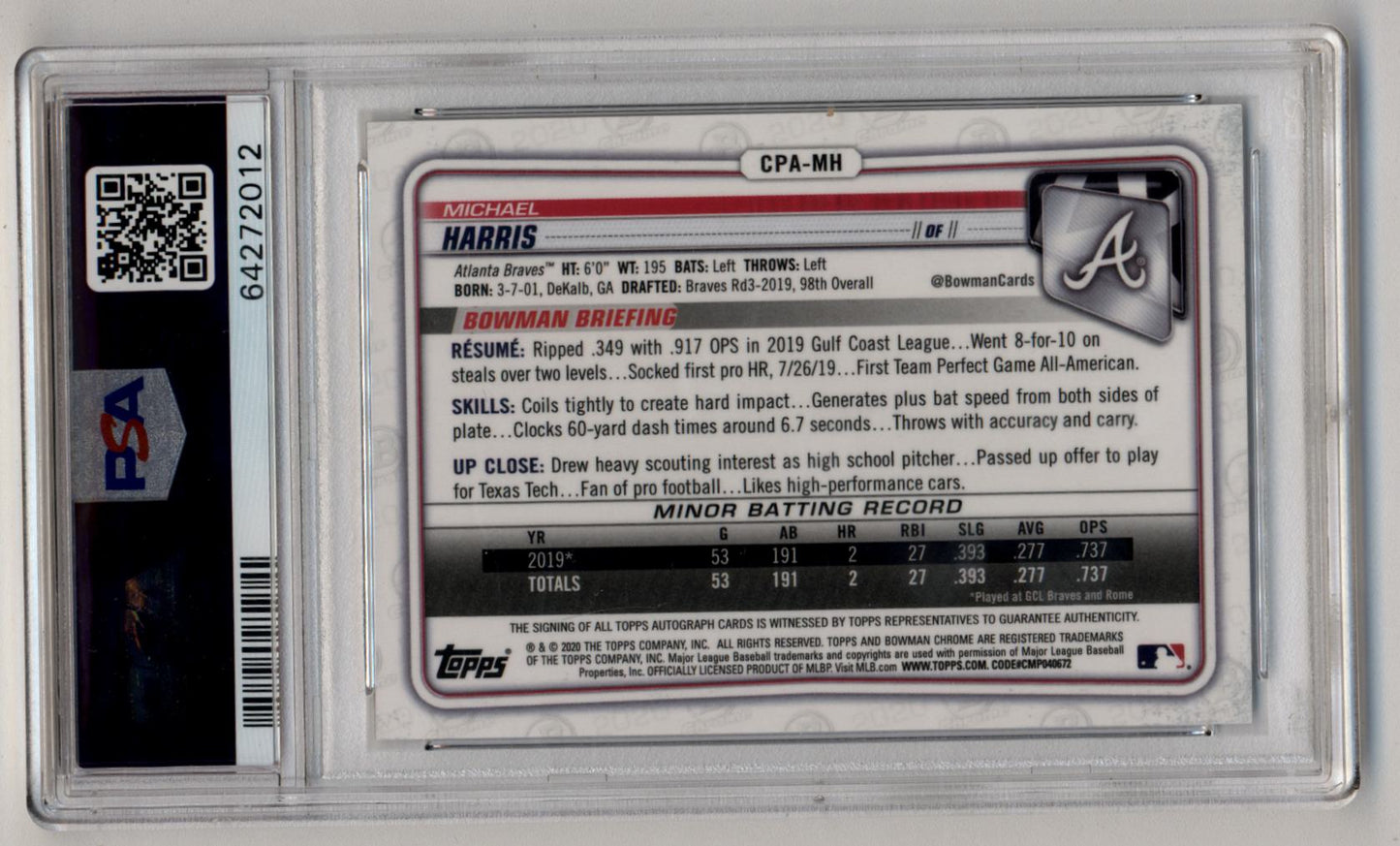 Michael Harris II 2020 Bowman Chrome Prospect Auto PSA 9 Auto 10 2012