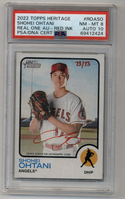 Shohei Ohtani 2022 Heritage Real One Auto Red Ink 73/73 PSA 8 Near Mint Mint Auto 10