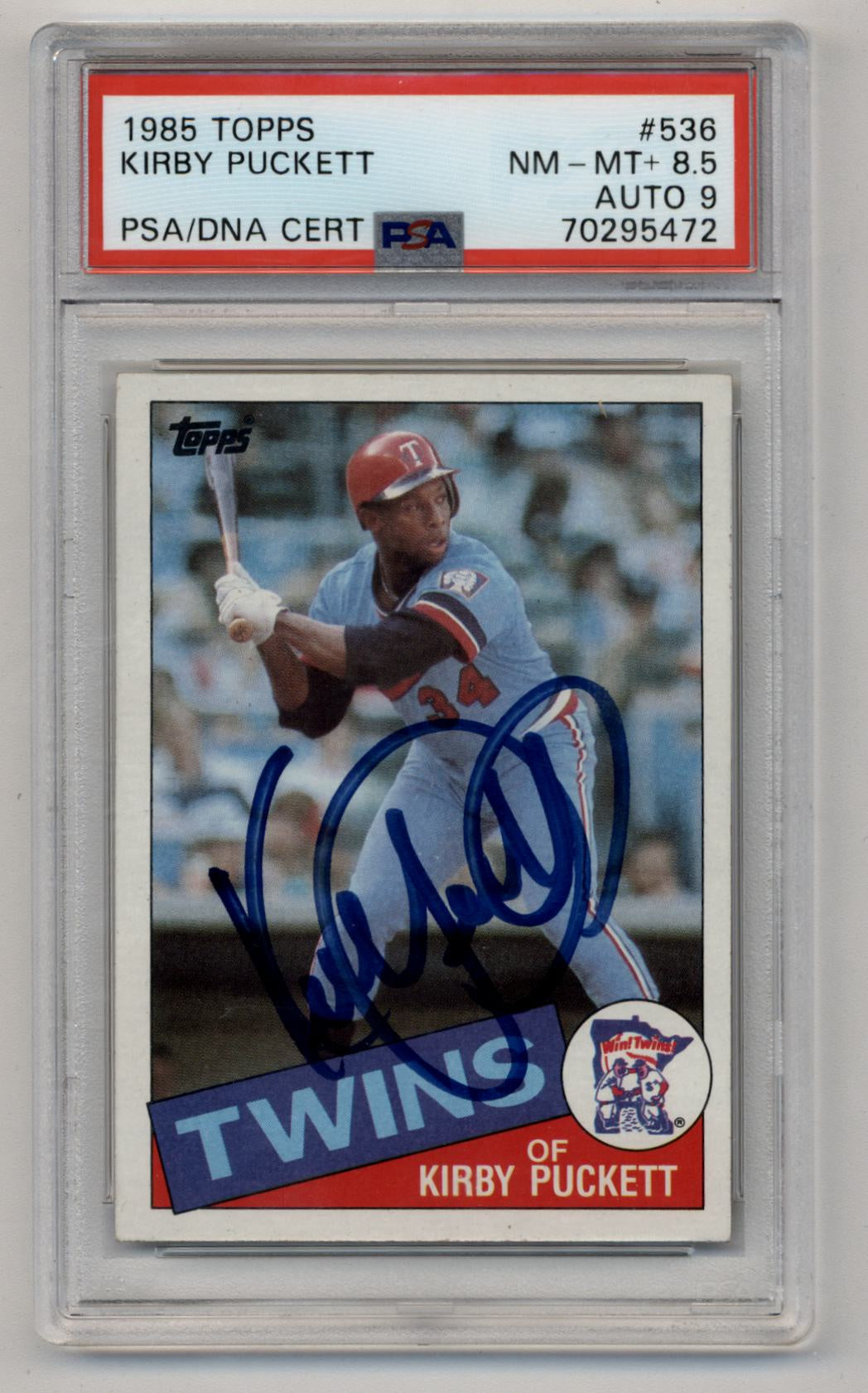 Kirby Puckett 1985 Topps Rookie #536 PSA 8.5 Certified Auto 9