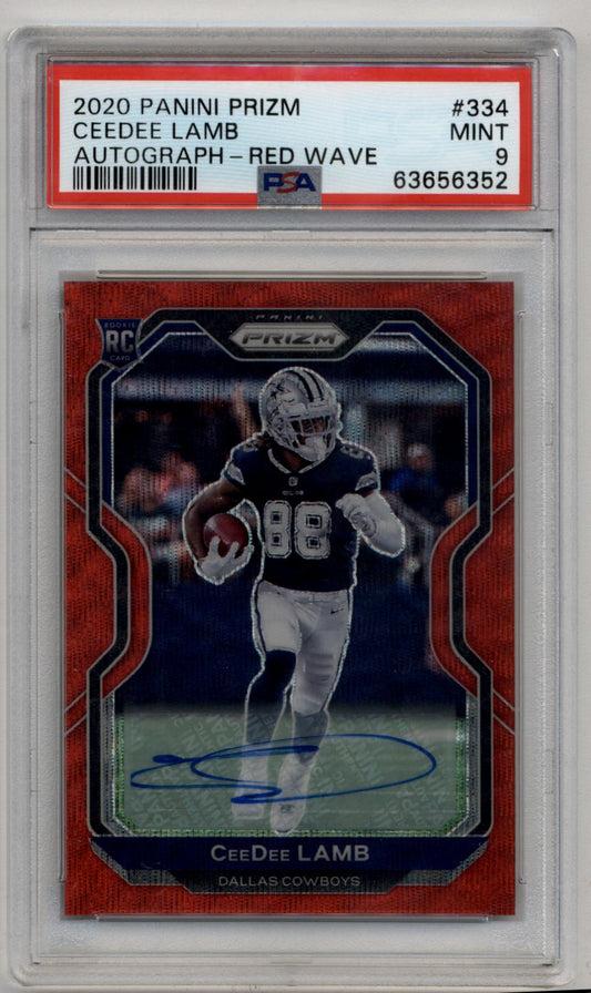 CeeDee Lamb 2020 Prizm Red Wave 145/149 #334 Auto PSA 9 Mint
