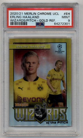Erling Haaland 2020-21 Merlin Chrome UCL Wizards of the Pitch Gold Refractor 27/50 PSA 9 Mint