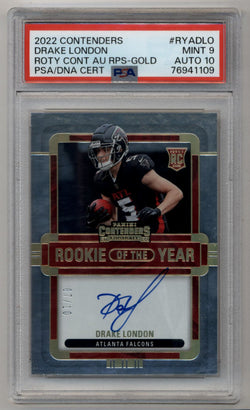 Drake London 2022 Contenders Rookie of the Year Gold Auto 07/10 PSA 9 Mint Auto 10