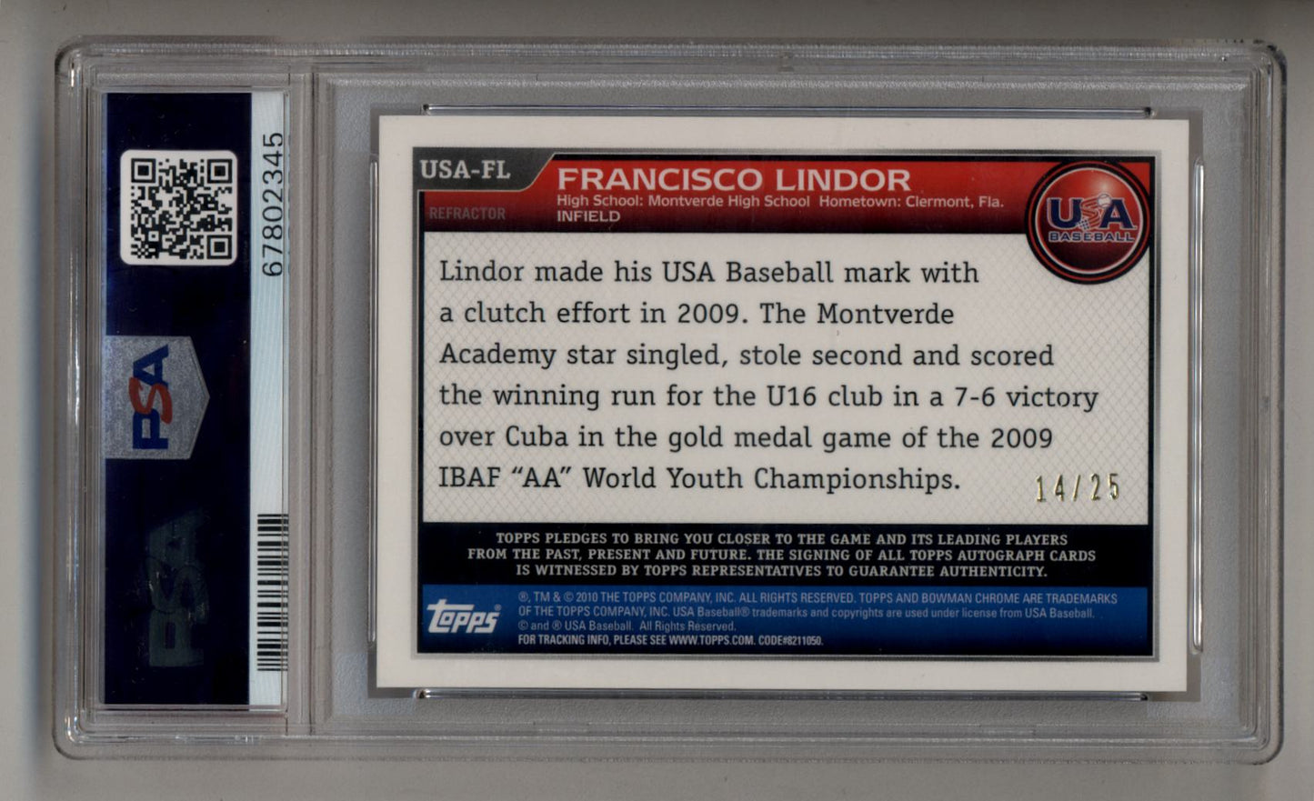 Francisco Lindor 2010 Bowman Chrome 18U USA Baseball Auto Orange Refractors 14/25 PSA 9 Mint 10 Auto