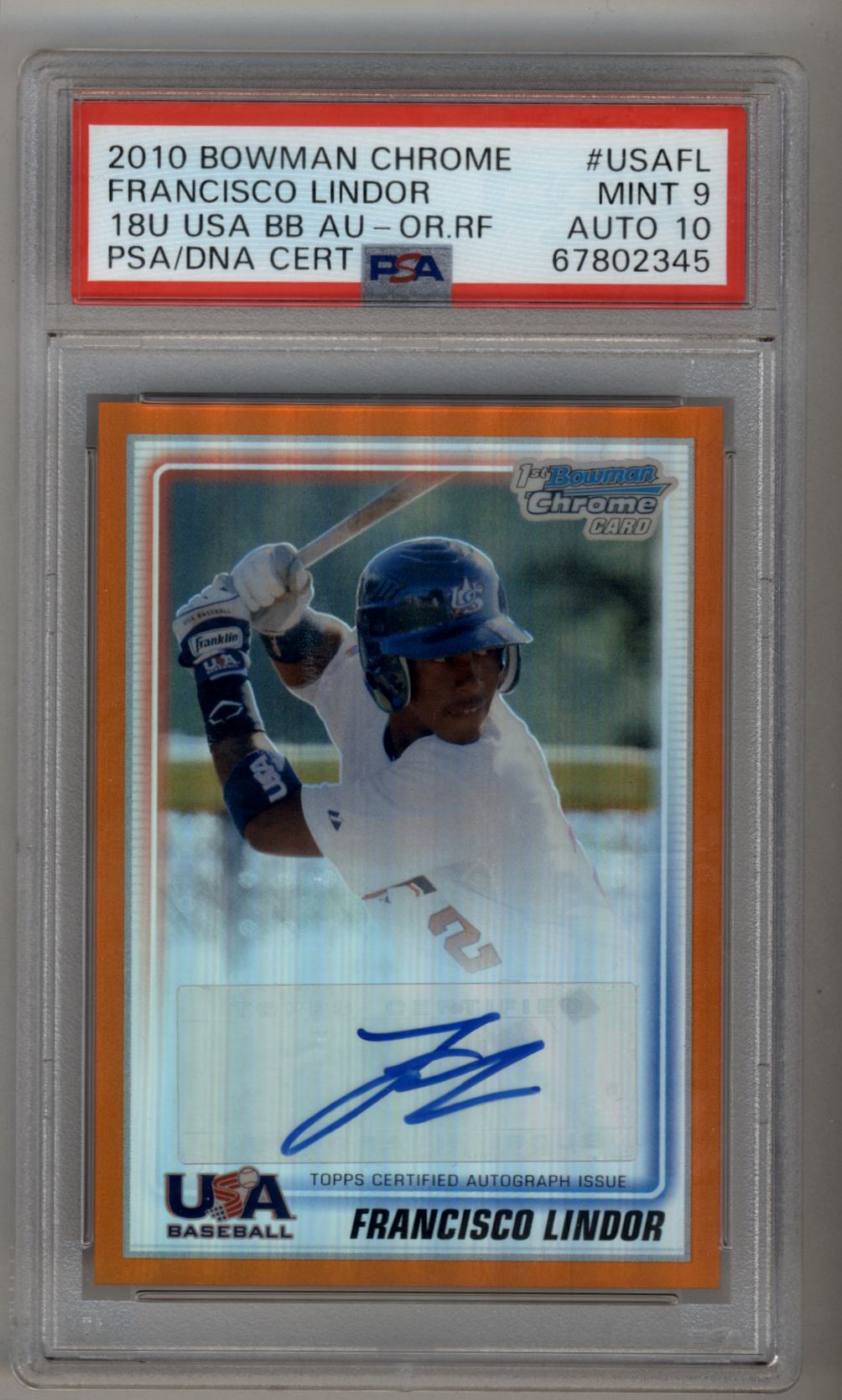Francisco Lindor 2010 Bowman Chrome 18U USA Baseball Auto Orange Refractors 14/25 PSA 9 Mint 10 Auto