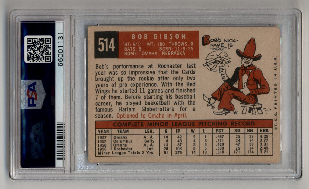 Bob Gibson 1959 Topps #514 Rookie PSA 3 Very Good – Three Stars Sportscards