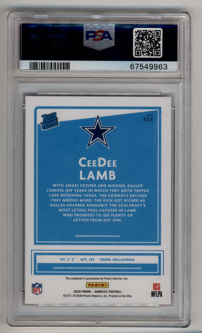 CeeDee Lamb 2020 Donruss Rated Rookies Auto Purple #306 PSA 9 Mint Auto 9